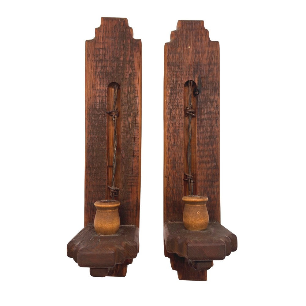 Rustic Wood Barbed Wire Wall Sconces Pair Farmhouse Western Candle Holders 15in